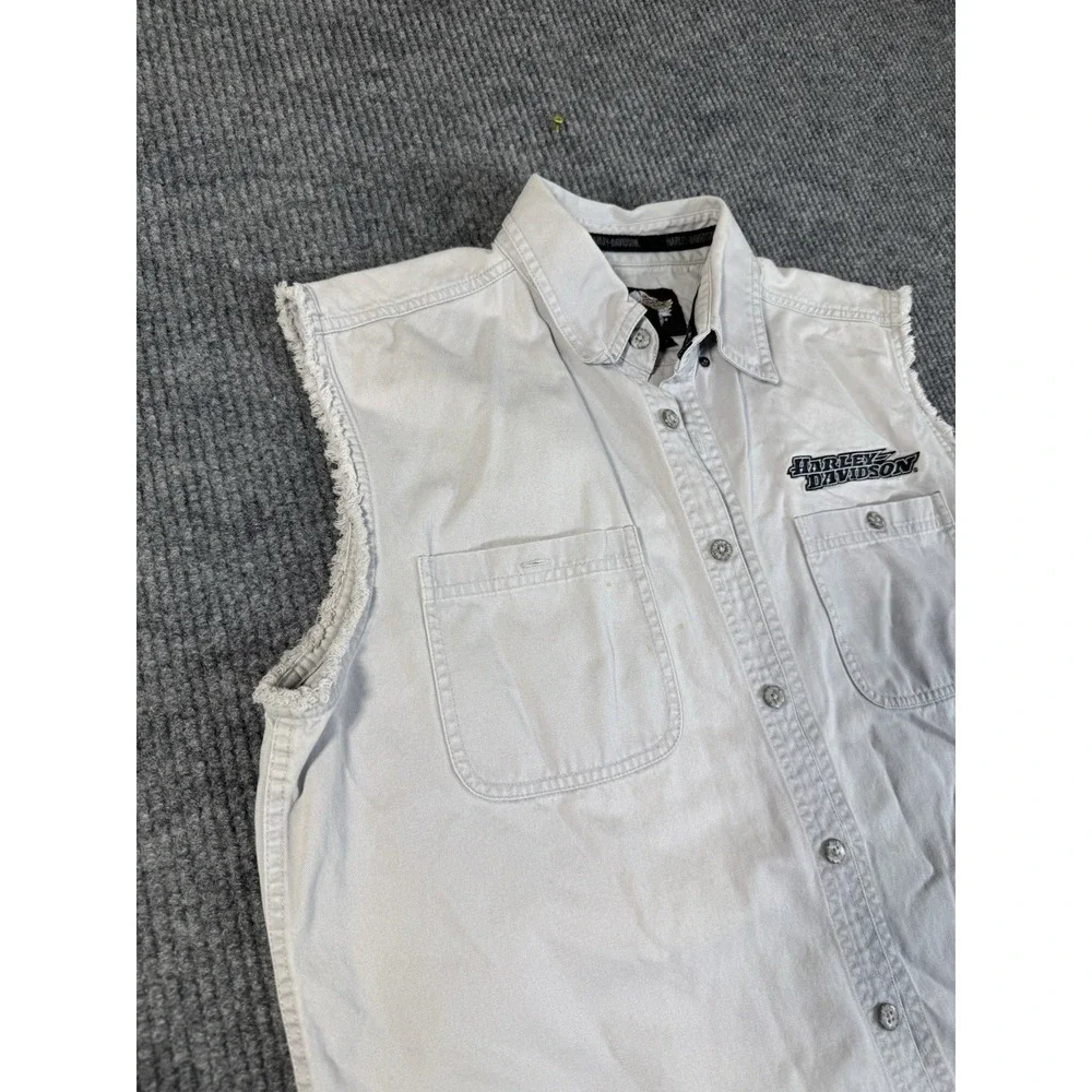 Harley-Davidson Sleeveless Frayed Edge‎ Button-Down Vest White 100% Cotton Large
